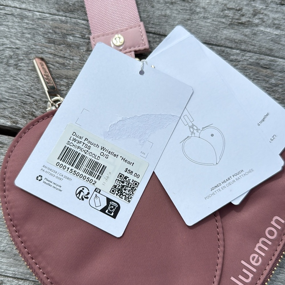 LULULEMON Dual Pouch Wristlet Heart NWT Spiced Chai / Pink Haze / Gold - Picture 4 of 4